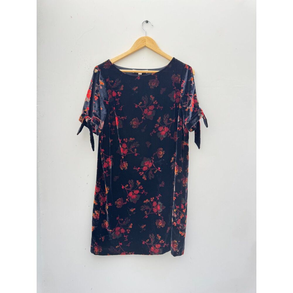 LOFT Fall Floral Velvet Split Sleeve Shift Dress Fresh Navy Blue Tie M